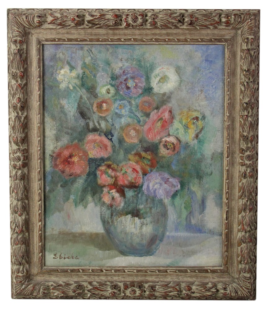 Eugeniusz Eibisch, Floral Still Life, Oil on Canvas on Board: Eugeniusz Eibisch (Polish, 1896-1987), still life in a vase, oil on canvas on board, signed "Ebiche" L/L, dated 1966 verso, 21" x 17", framed 27" x 23". Provenance: Westbury, New York collection.