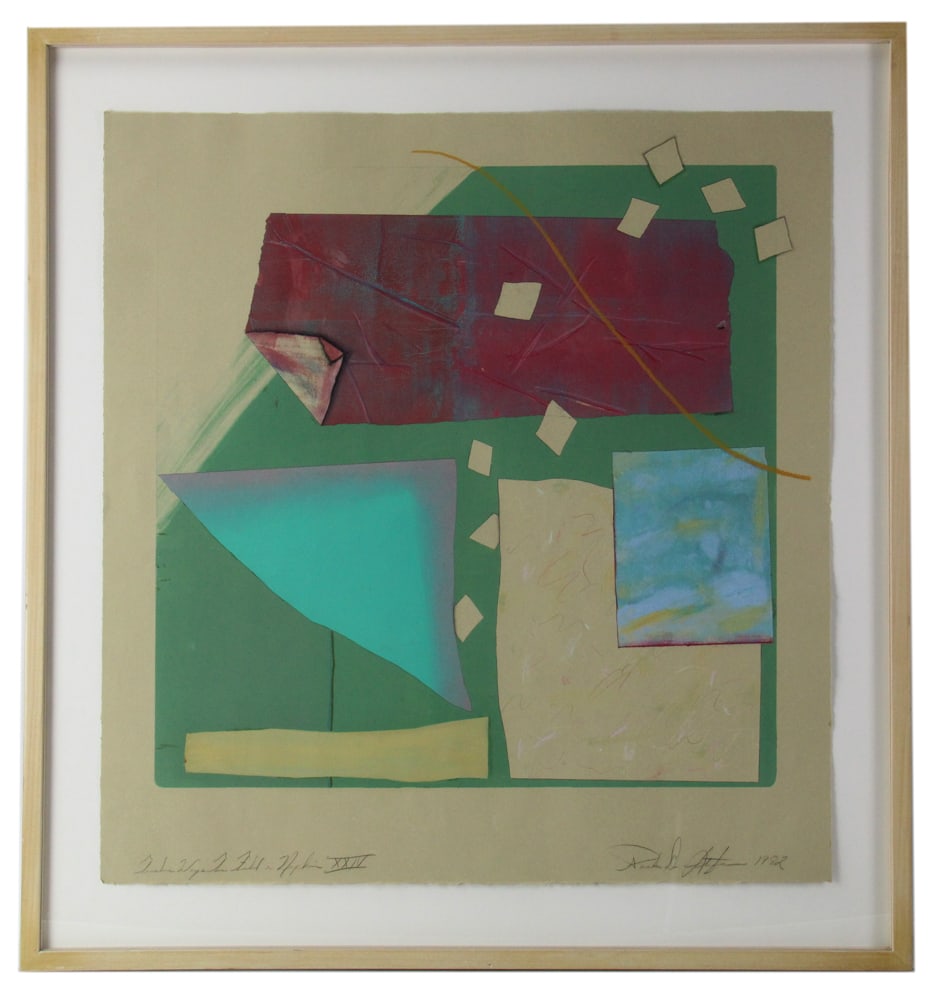 Watercolor Collage, Twelve Ways to Fold a Napkin: Watercolor collage, titled "Twelve Ways to Fold a Napkin XXIV" L/L, signed indistinctly in pencil L/R and dated 1982, 29" x 28", framed 36" x 34". Provenance: From a private Boston art collection.