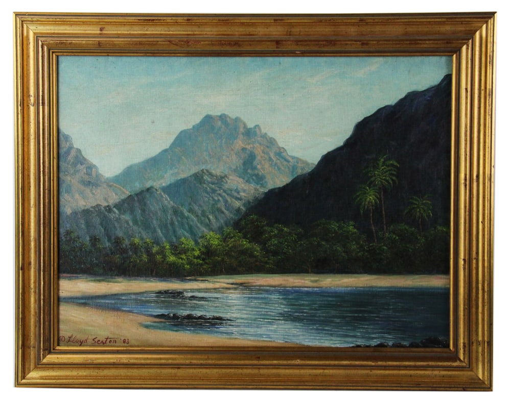 Lloyd Sexton, Mountains and Lake, Hawaii, Oil on Canvas Board: Lloyd Sexton, "Mountains and Lake, Hawaii", oil on canvas board, signed L/L and dated '83, 18" x 24", framed 22 1/2" x 28 1/2". Provenance: Andover, Massachusetts collection.