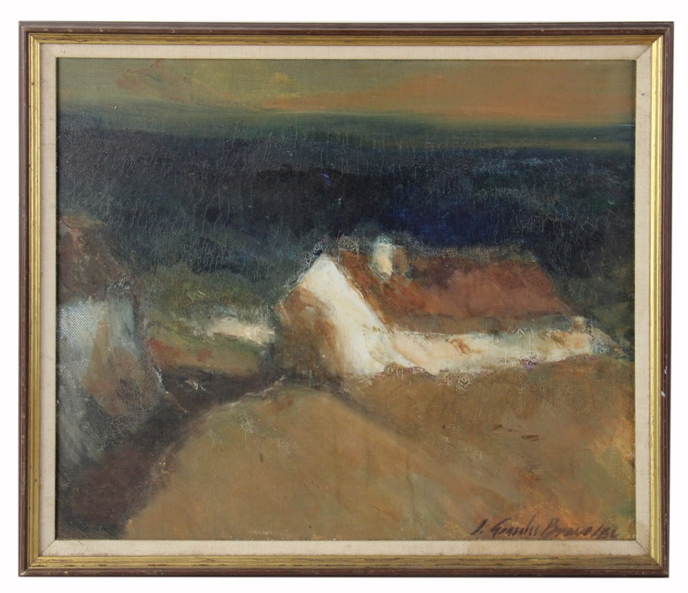 Justo Gonzalex Bravo, "Casas Brancas", Oil on Canvas: Justo Gonzalez Bravo (Spanish, b.1944), "Casas Brancas", oil on canvas, signed L/R and verso, 19" x 23" (sight), framed 21 1/2" x 25". Provenance: Cambridge, Massachusetts collection.
