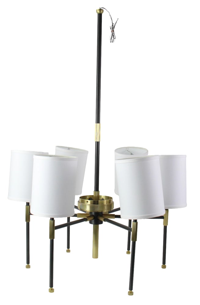1960s-style Modern Brass and Metal Chandelier: 1960s-style modern brass and metal chandelier, 44" H x 27" diameter. Provenance: Palm Beach, Florida estate.