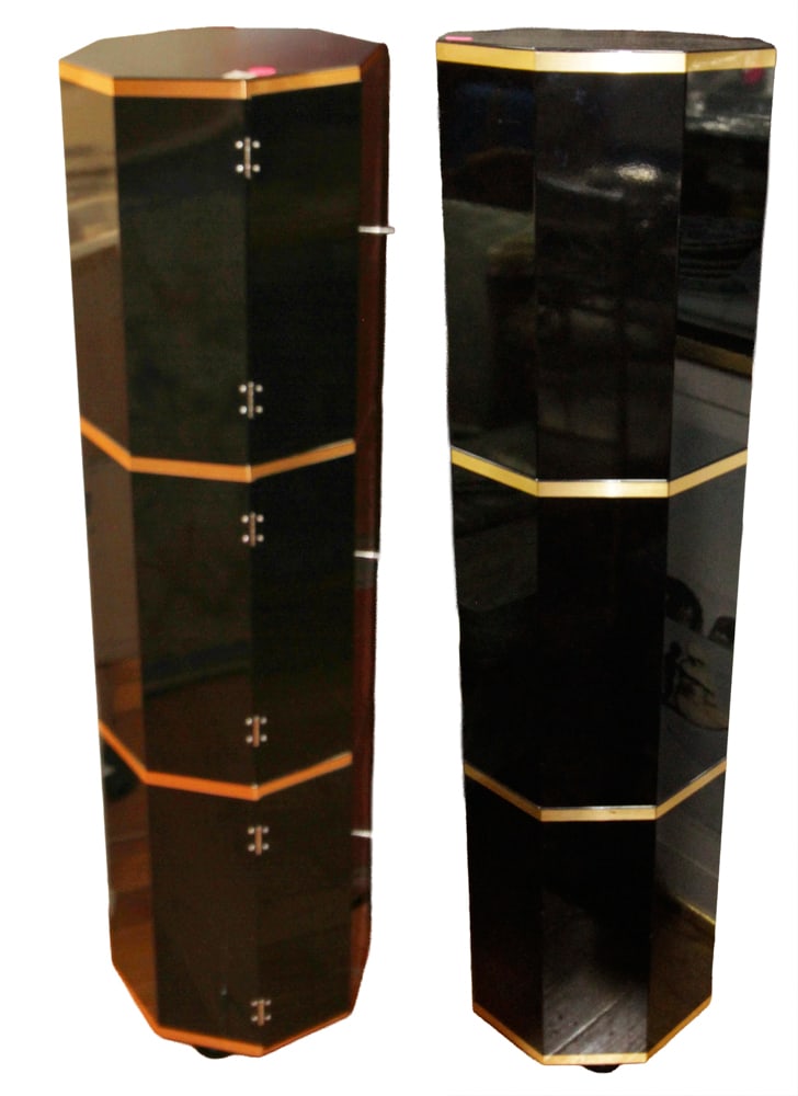 Pair of Black-Painted Tall Cabinets/Pedestal: Pair of black-painted tall cabinets/pedestal, 50" x 13". Provenance: Palm Beach, Florida estate.
