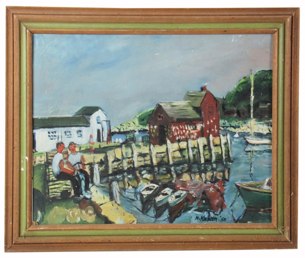 Henry Kaplan, Inner Harbor, Motif #1, Rockport, Oil on Canvas: Henry Kaplan (Massachusetts artist, 1917-2003), Inner Harbor, Motif #1, Rockport, oil on canvas, signed L/R and dated '50, 16" x 20". Provenance: Rockport, Massachusetts collection.