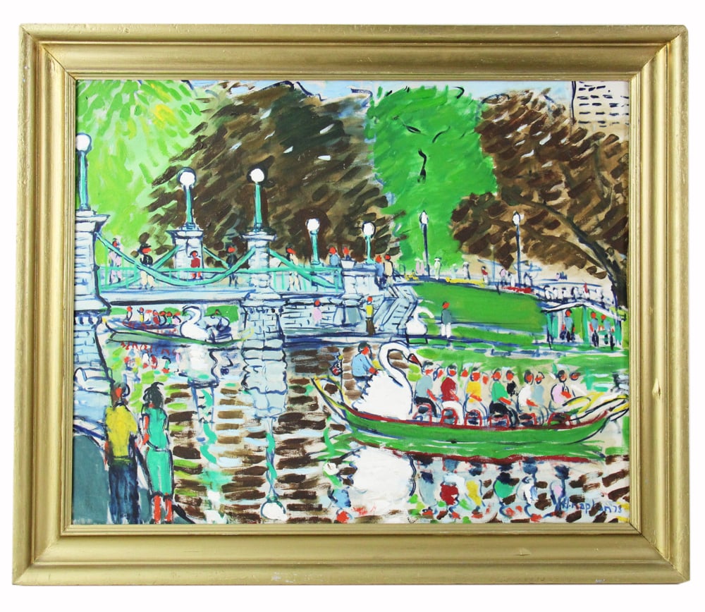 Henry Kaplan, Swan Boats, Boston Public Gardens: Henry Kaplan (Massachusetts artist, 1917-2003), Swan boats, Boston Public Gardens, oil on canvas, signed L/R and dated "78", 24" x 30". Provenance: Rockport, Massachusetts collection.