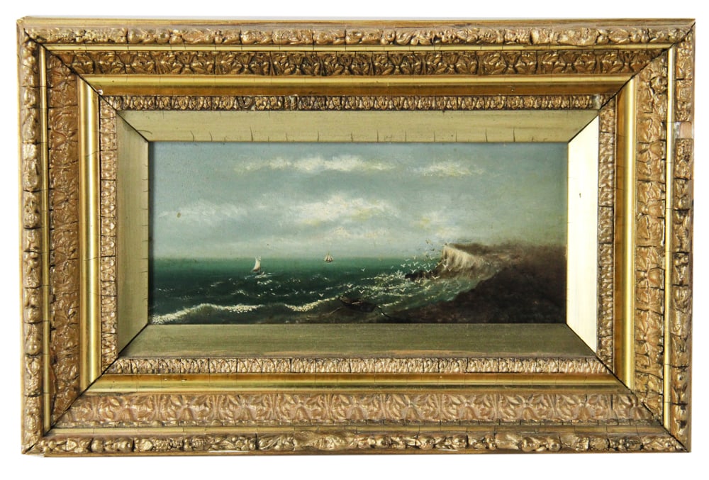 Thomas Chambers, Ship Off Nahant, Oil on Board: Thomas Chambers (British-American, Lynn Beach artist, 1808-1866), ship off Nahant, Massachusetts, late 19th century, oil on board, info verso, 4" x 10", in decorative frame 10" x 15". Provenance: Acto