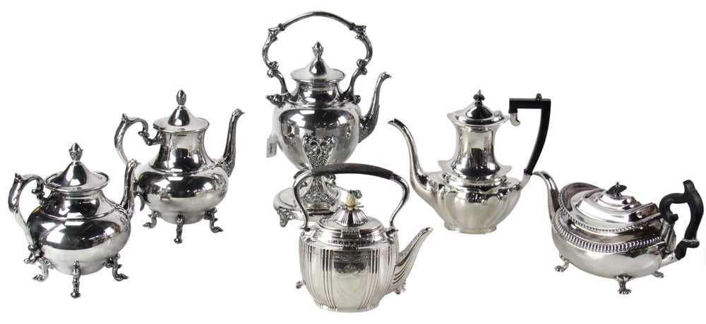 Group of Great 19th and 20thC Silverplate Tea and Coffee Pots: Group of (6) great 19th and 20th century silverplate tea and coffee pots, Sheffield, Walker and Hall, English, 15" x 9", 9" x 7", 10" x 10", 8" x 10", and 6" x 11". Provenance: Palm Beach, Florida est