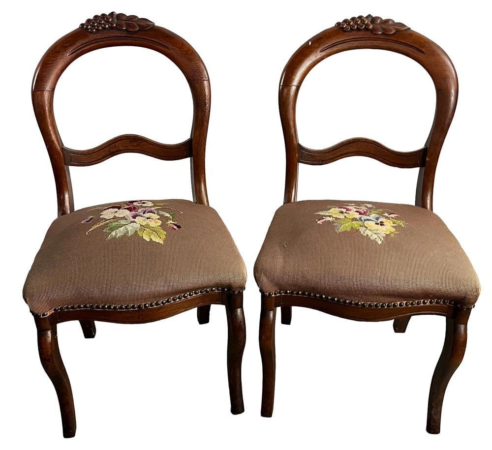 Pair of Victorian Walnut Chairs with Embroidered Seats (1 of 6)