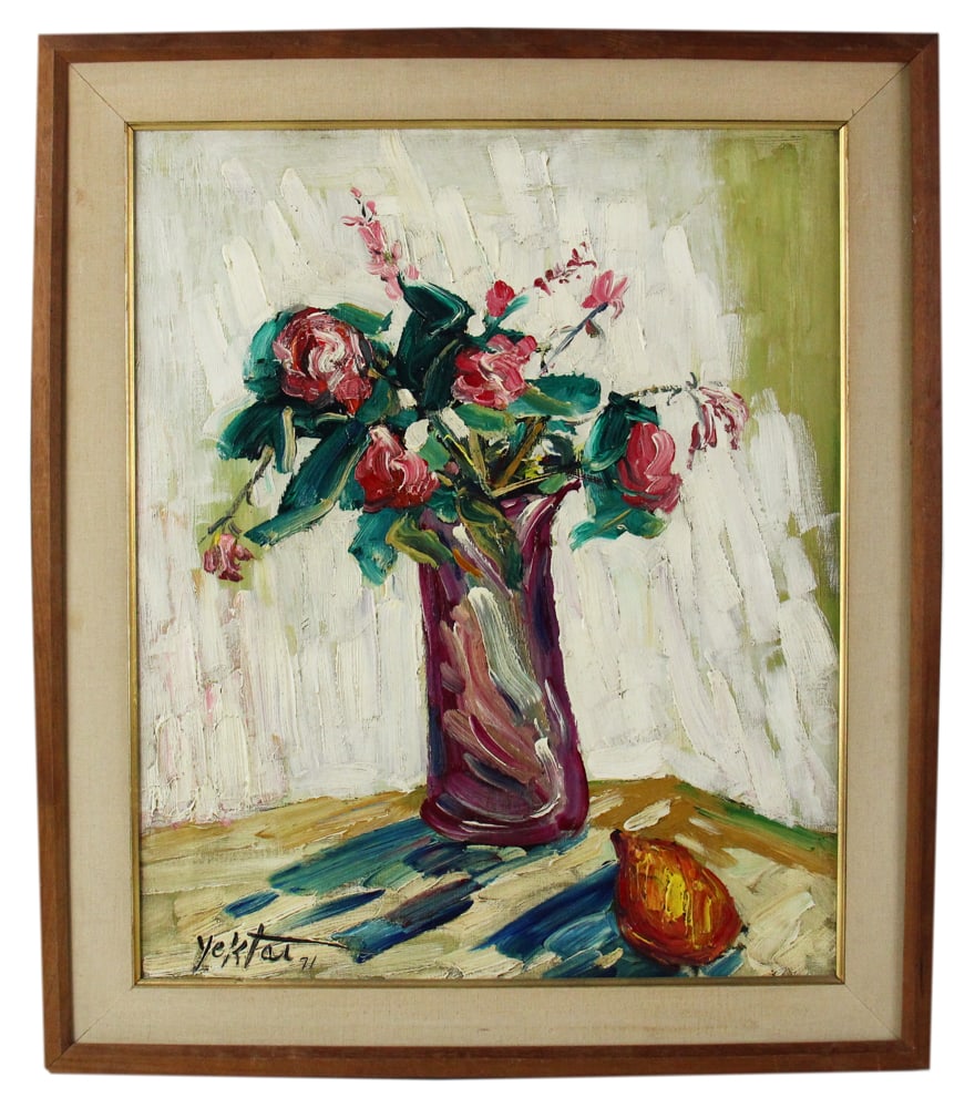 Manoucher Yektai, Floral Still Life, Oil on Canvas: Manoucher Yektai (Iranian-American, 1921-2019), floral still life, oil on canvas, signed L/L and dated "71", 21" x 17", framed 29" x 25". Provenance: Andover, Massachusetts collection.