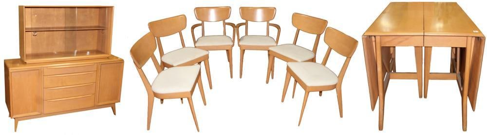 Heywood-Wakefield Champagne Dining Room Set: Heywood-Wakefield Champagne dining room set, to include: drop-sides table with one leaf, 29" H x 25" x 42", 35" with leaf in, 75" W with sides up; (6) chairs, including four straight and two captain's