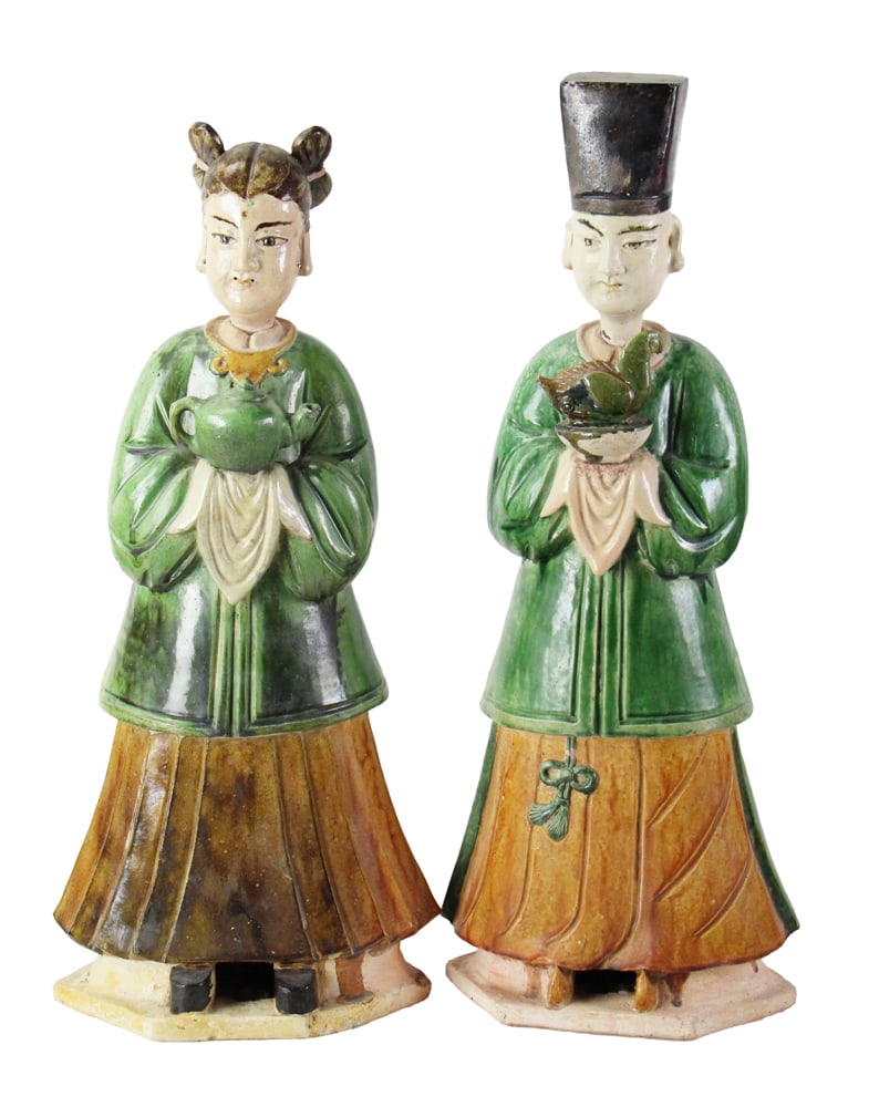 Pair of Chinese Ming Dynasty Figures: Pair of Chinese Ming Dynasty figures, 25" H x 11 1/2" W x 5 1/2" D. Provenance: Weston, Massachusetts collection.