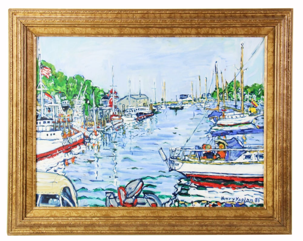 Henry Kaplan, Boats in Smith's Cove, Gloucester, Oil on Canvas: Henry Kaplan (Massachusetts artist, 1917-2003), resting boats, summertime, Smith's Cove, Gloucester, oil on canvas, signed L/R and dated "88", 18" x 24". Provenance: Rockport, Massachusetts collection
