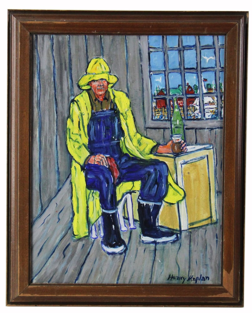 Henry Kaplan, "Old Salt", Fisherman in Yellow Slicker: Henry Kaplan (Massachusetts artist, 1917-2003), "Old Salt", fisherman in yellow slicker, oil on canvas, signed L/R, 14" x 18". Provenance: Rockport, Massachusetts collection.