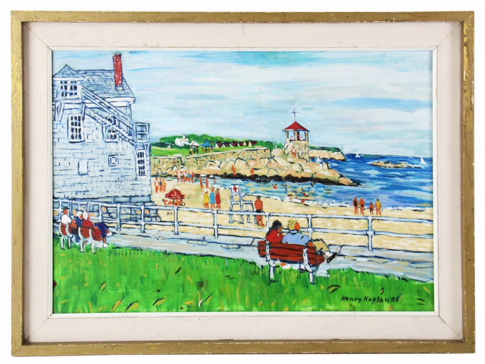 Henry Kaplan, "Enjoying the View", Oil on Canvas: Henry Kaplan (Massachusetts artist, 1917-2003), "Enjoying the View", beach and ocean front scene, oil on canvas, signed L/R and dated "86", 18" x 24". Provenance: Rockport, Massachusetts collection.