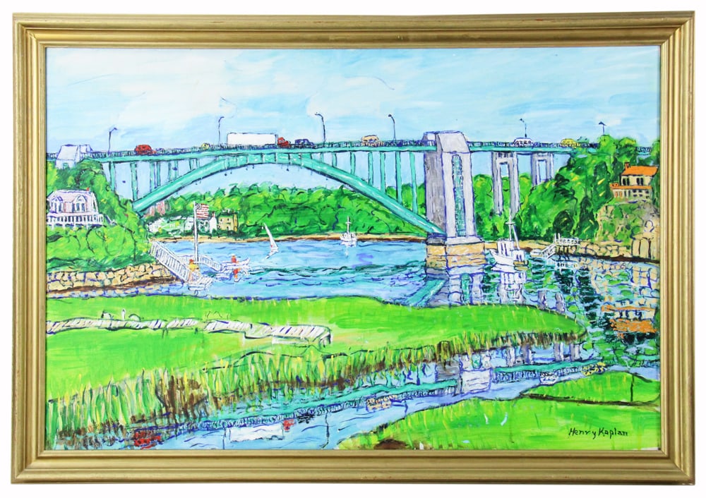 Henry Kaplan, The A. Piatt Andrew Bridge, Gloucester, Oil on Canvas: Henry Kaplan (Massachusetts artist, 1917-2003), the A. Piatt Andrew Bridge, Gloucester, oil on canvas, signed L/R, 27" x 39". Provenance: Rockport, Massachusetts collection.