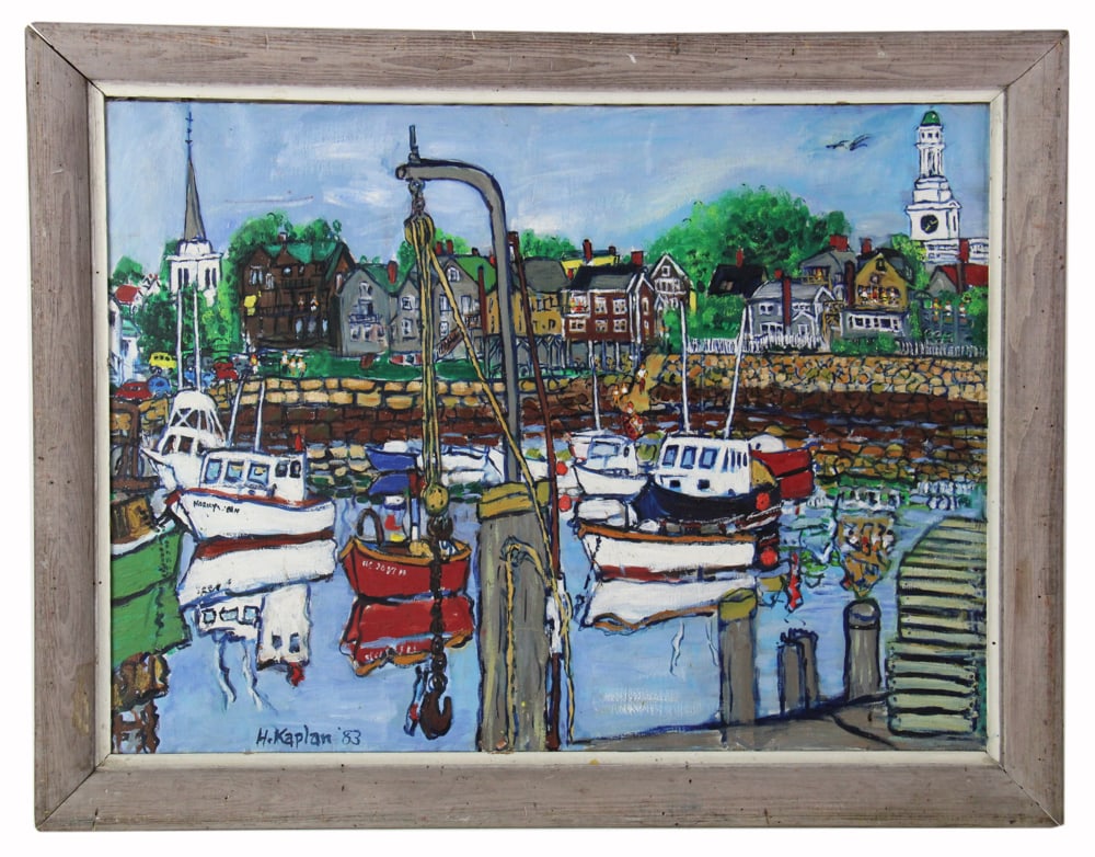 Henry Kaplan, Inner Harbor, Rockport, Oil on Canvas: Henry Kaplan (Massachusetts artist, 1917-2003), Inner Harbor loading area with anchored boats, Rockport, oil on canvas, signed L/L and dated '83, 23" x 30". Provenance: Rockport, Massachusetts collect