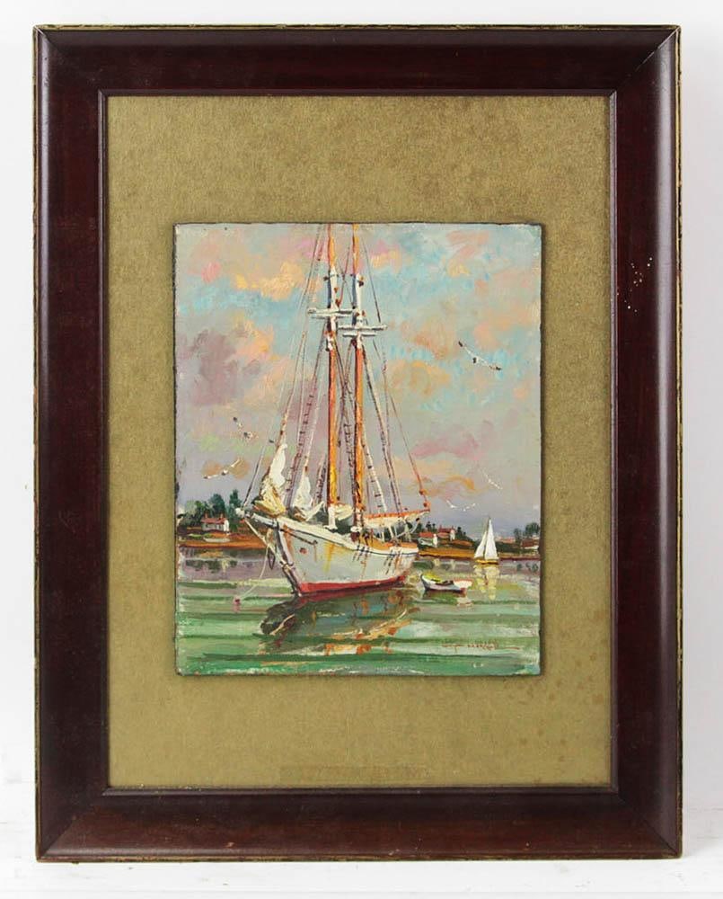 Wayne B. Morrell, Schooner Columbia, Gloucester Harbor: Wayne B. Morrell (American, 1923-2013), "Schooner Columbia, Gloucester Harbor", dated 1980, 10" x 8".