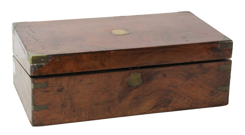 19thC Mahogany Ship Captain's Desk: 19th century mahogany ship captain's desk with brass mountings, 6" H x 18" W x 9" D. Provenance: Acton, Massachusetts collection.