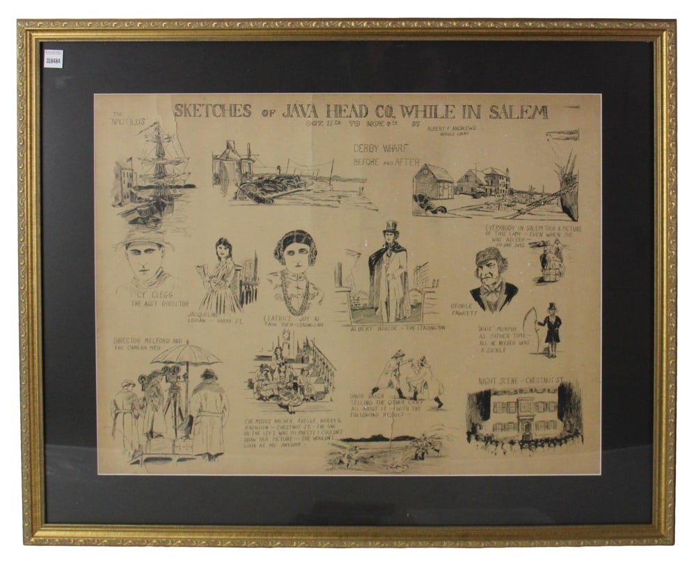 1920s Silent Film "Java Head" Pen and Ink Sketches, Salem: Sketches of "Java Head" company and locations, silent film shot on location in Salem in the fall of 1922, premiered 1923, pen and ink film production illustration, 22" x 27 1/2" (image), framed 30" x