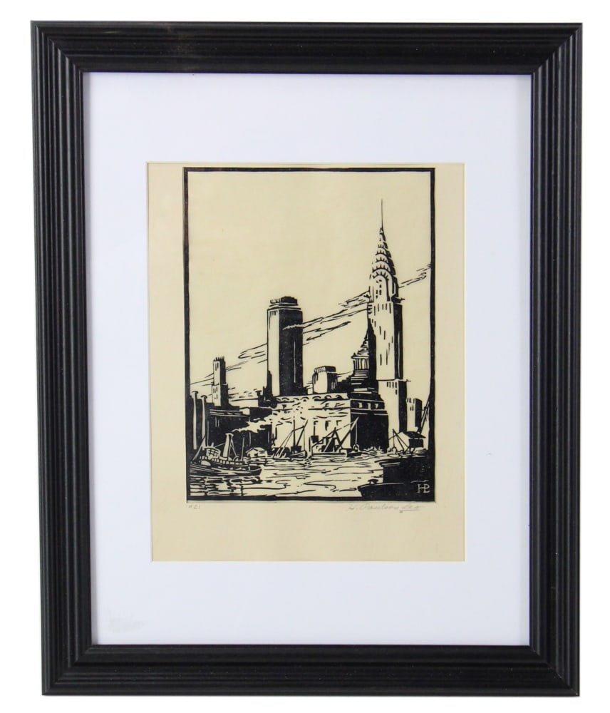 H. Paulson, View of Manhattan, Woodcut: H. Paulson, view of Manhattan, Chrysler building, woodcut, signed L/R, 8" x 6", framed 16" x 13". Provenance: Wakefield, Massachusetts collection.