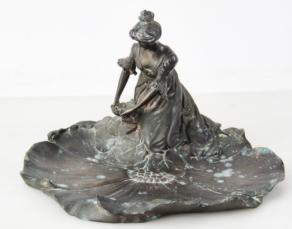 Art Nouveau Bronze Flower Tray, Signed Cahuzac: Art Nouveau bronze flower tray, signed Cahuzac, 8" x 11". Provenance: North Bay Village, Florida collection.