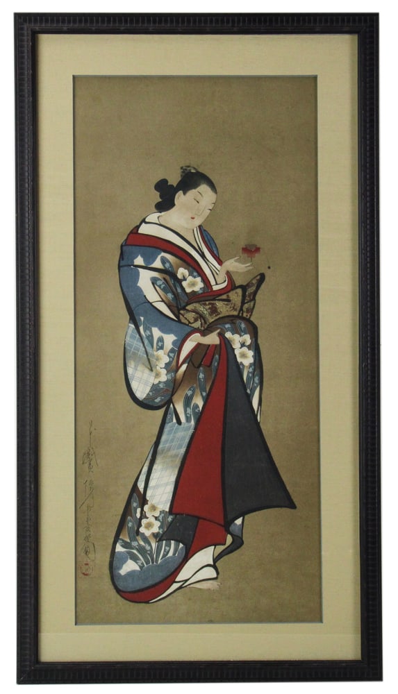 Japanese Geisha, Watercolor: Japanese geisha, watercolor, signed, framed 35" x 19". Provenance: Palm Beach, Florida estate.