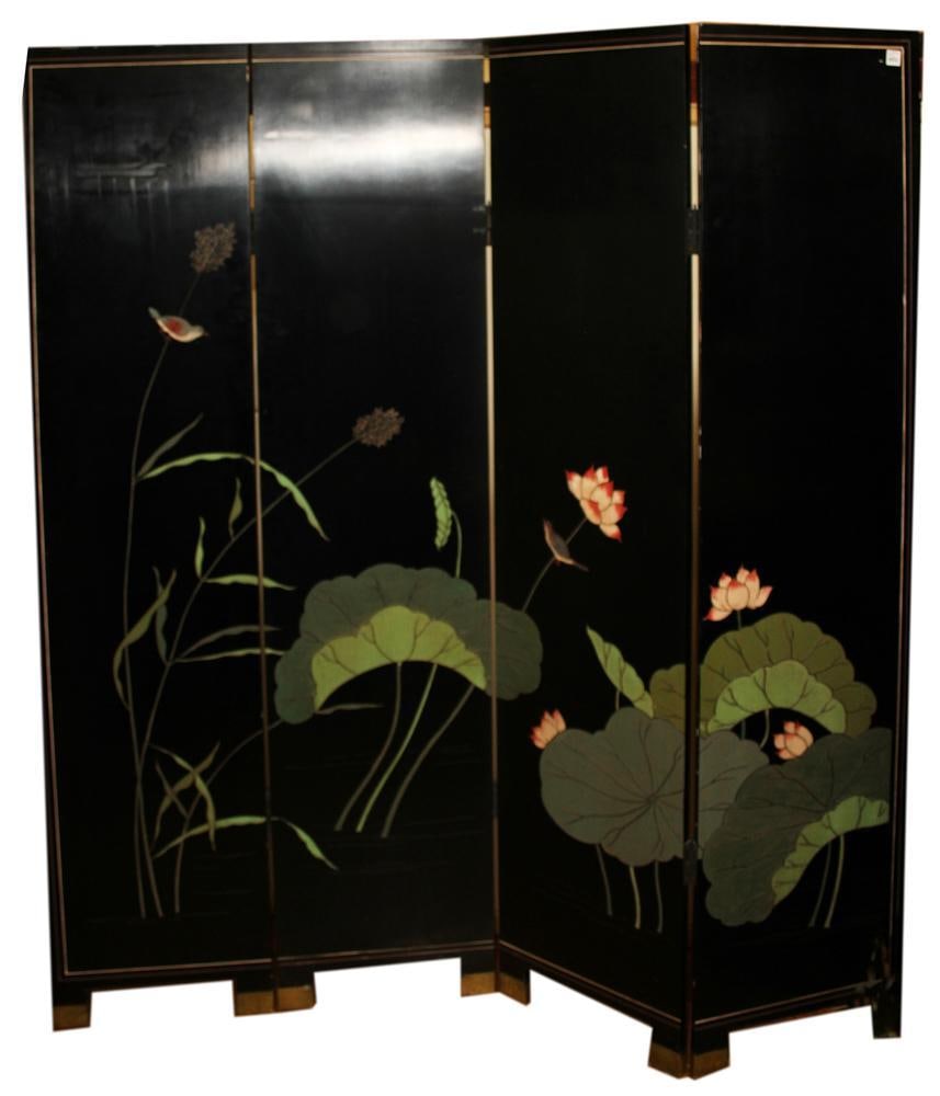 Chinese 4-Panel Coromandel Hand-painted Screen: Chinese 4-panel Coromandel chinoiserie screen featuring gold leaf ground, hand-painted water scene, painted on both sides, 72" H x 64" W. Provenance: Burlington, Massachusetts collection.
