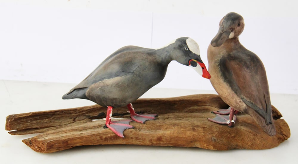 Mark Holland Scoter Ducks Carving: Mark Holland Scoter ducks carving, 9" H x 18 1/2" W x 6" D. Provenance: Palm Beach, Florida estate.
