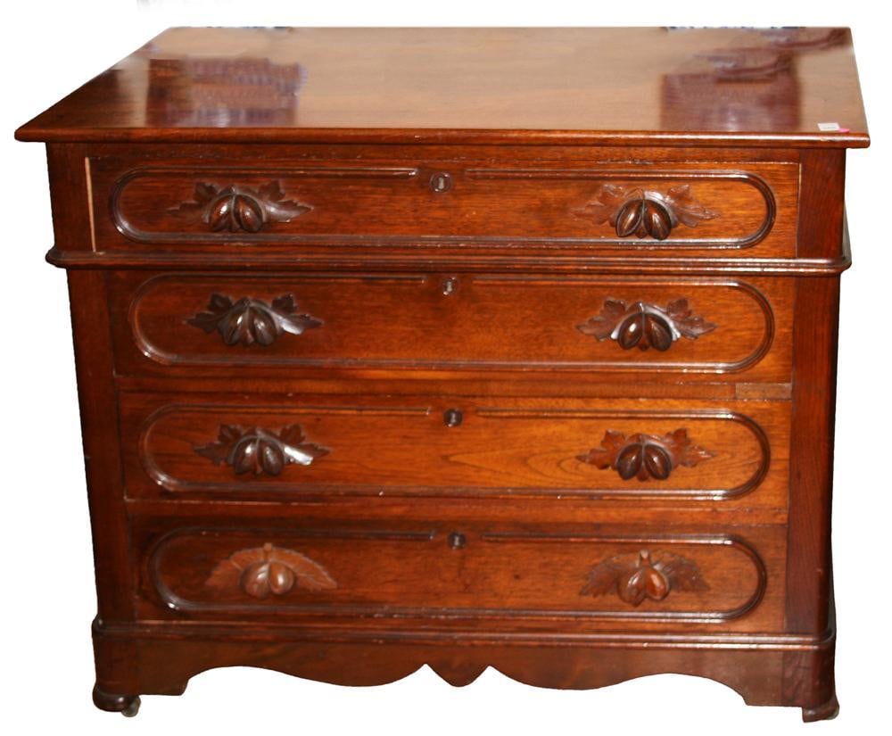 Victorian Mahogany 4-Drawer Chest: Victorian mahogany 4-drawer chest with acorn pulls, 35" H x 44" W x 20" D. Provenance: Somerville, Massachusetts collection.