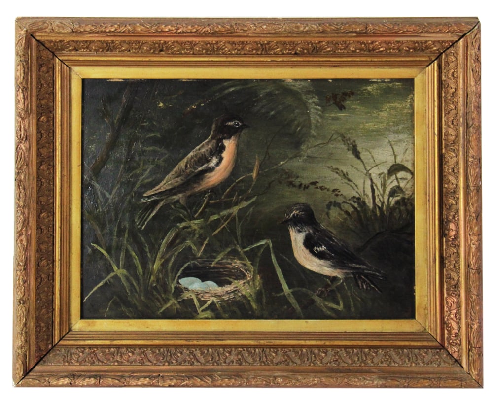 English Painting of Birds with Nest: English painting of birds with nest, 8 1/2" x 11 3/4", framed 12" x 16". Provenance: Palm Beach, Florida estate.