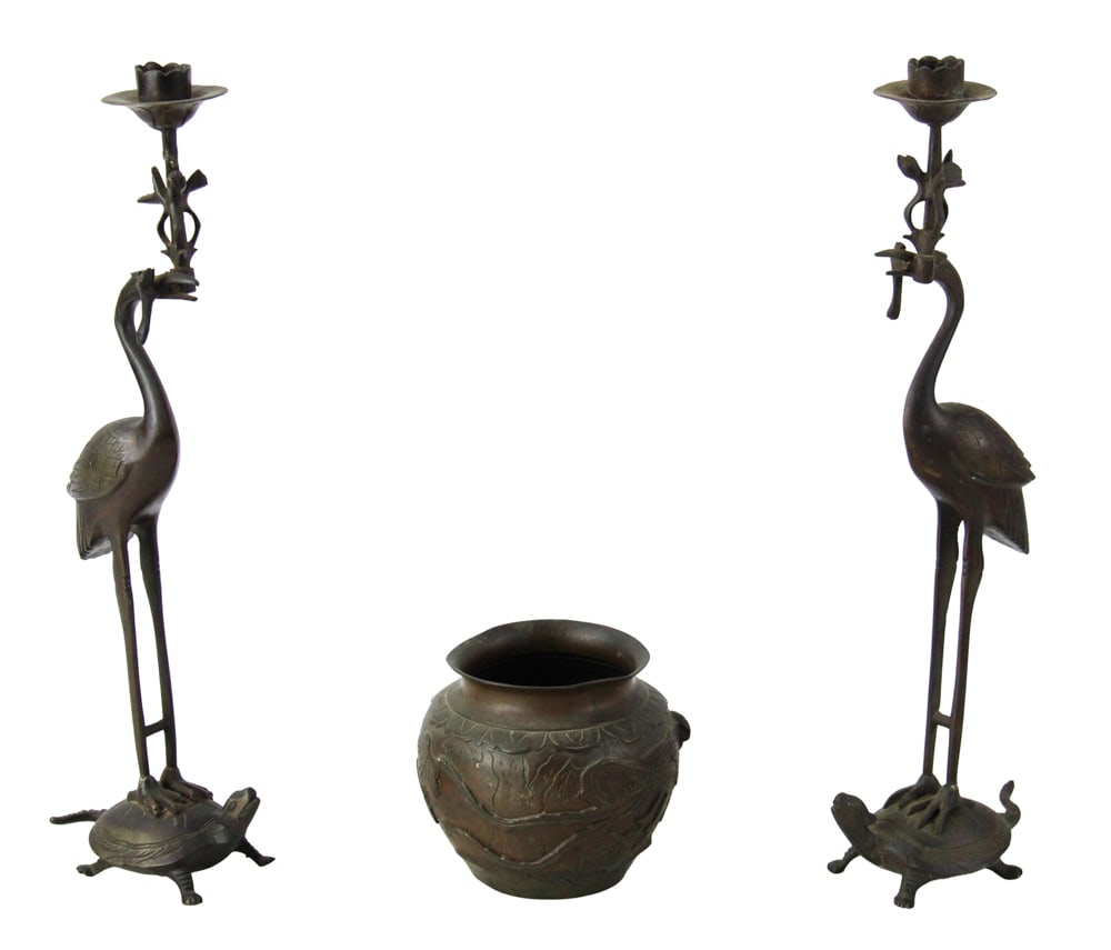 Bronze Japanese Vase and Pair of Crane Candlesticks (1 of 8)