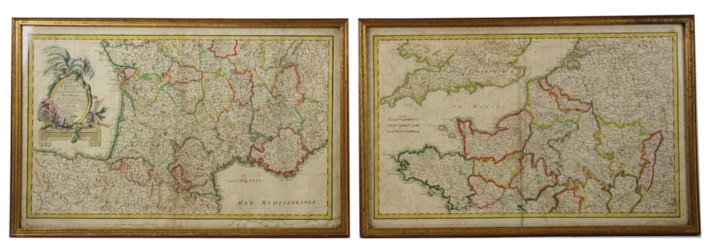 Two 19thC Maps of France, Framed: Two 19th century maps of France, framed 14" x 22". Provenance: Marblehead, Massachusetts collection.