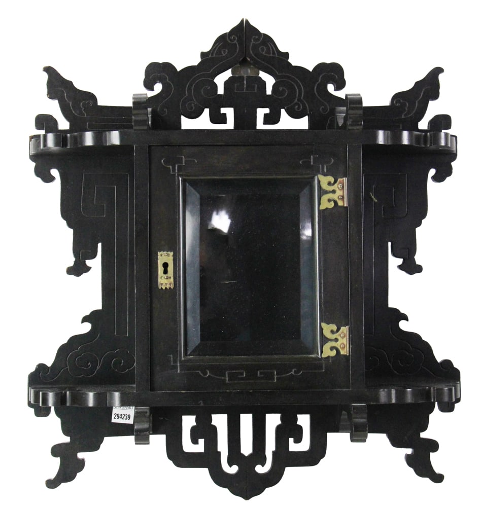 Victorian Black Lacquered Wall Cabinet: Victorian black lacquered wall cabinet with beveled glass door, with key. Provenance: Acton, Massachusetts collection.