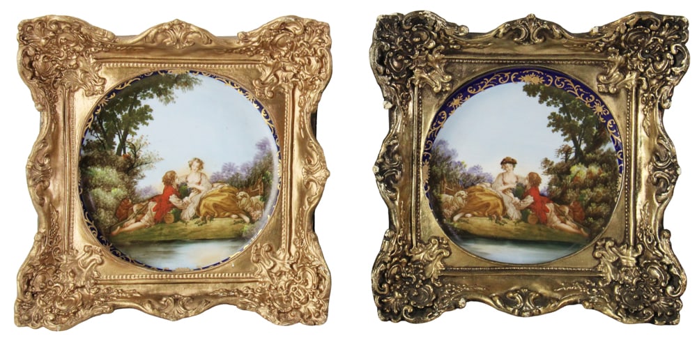 Pair of French-style Porcelain Plaques: Pair of French-style porcelain plaques, framed 13 1/2" x 13 1/2". Provenance: New York City, New York collection.