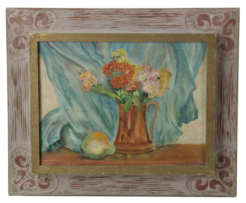 L. Slottman, Floral Still Life with Fruit, Oil on Board (1 of 6)