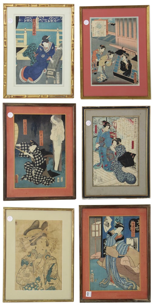 Group of Japanese Woodblock Prints: Group of (6) Japanese woodblock prints, to include: (1) by Utagawa Yoshiiku (1883-1904), swimming Oshi-cho, 13" x 9" (sight), framed 17" x 15"; (4) by Utagawa Kunisada (also known as Toyohuni III, 178