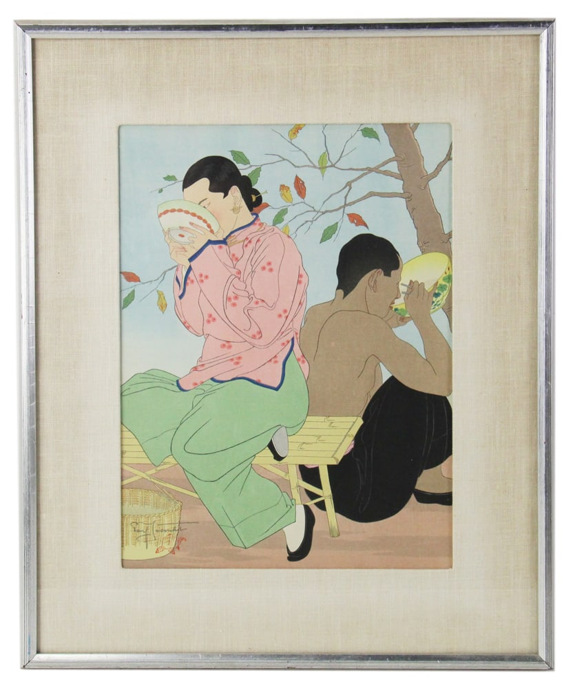 Paul Jacoulet, Chinese Oyster Soup, Woodblock Print: Paul Jacoulet (French, 1896-1960), Japanese woodblock print of couple, titled "La Soupe aux Huitres Chinois" (Chinese oyster soup), 15" x 11" (image), framed 22" x 18". Provenance: Acton,