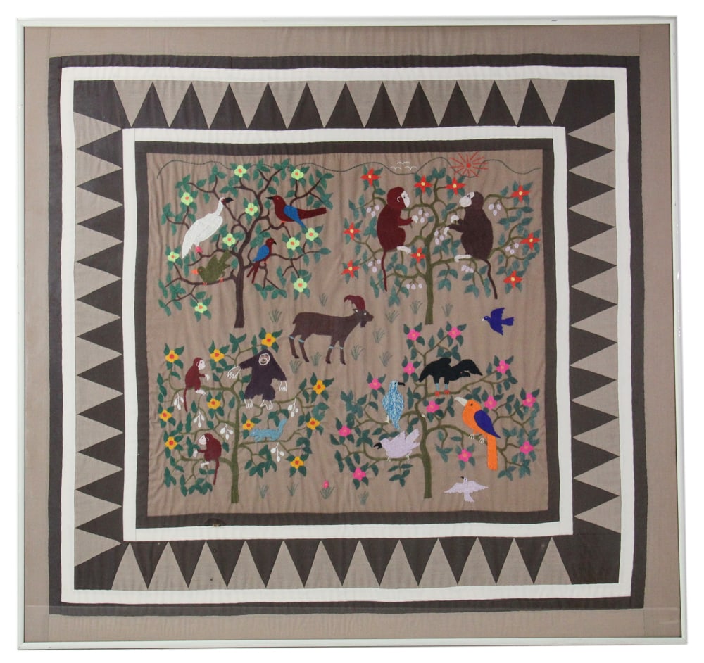 Traditional Hmong Story Cloth: Traditional Hmong story cloth depicting animals, birds, and florals, framed 34" x 36". Provenance: Beverly, Massachusetts collection.