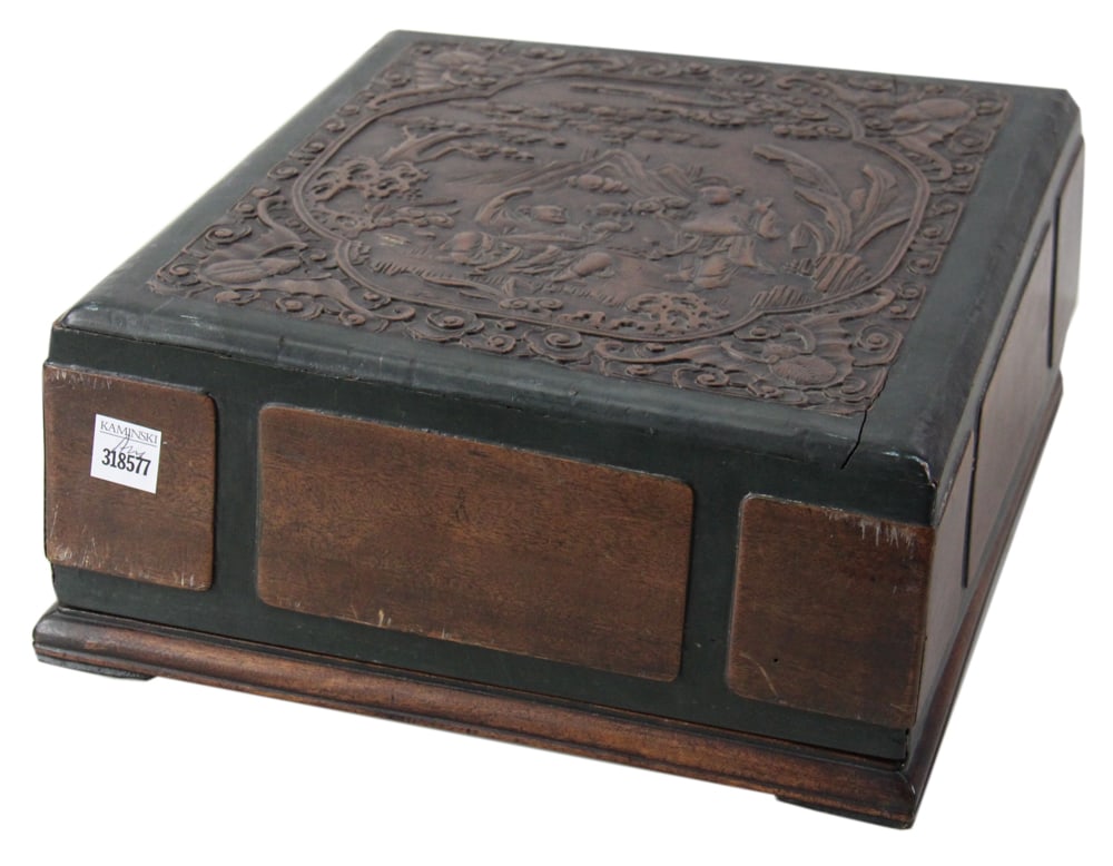 Chinese Carved Wood Box with Figures and Bats: Chinese carved wood box with figures and bats, 6" H x 13" x 14". Provenance: Palm Beach, Florida estate.