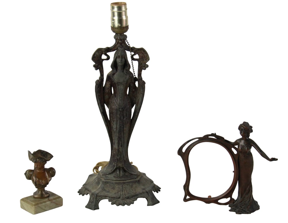 Art Nouveau Metal Lamp, Bust, Frame: Art Nouveau figural metal lamp, 15", bust, 5", and figural frame, 7". Provenance: North Bay Village, Florida collection.