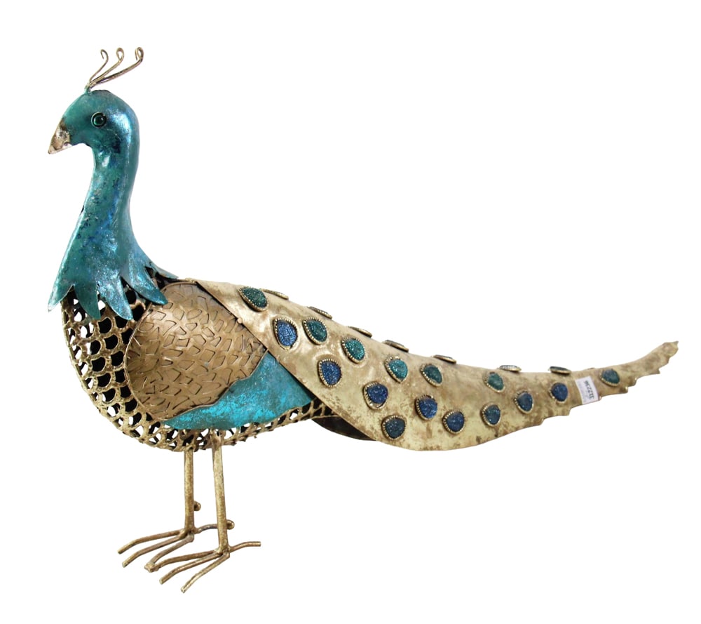 Metal Peacock Tagged Mark Roberts: Metal peacock, tagged Mark Roberts, 32" x 16". Provenance: Palm Beach, Florida estate.