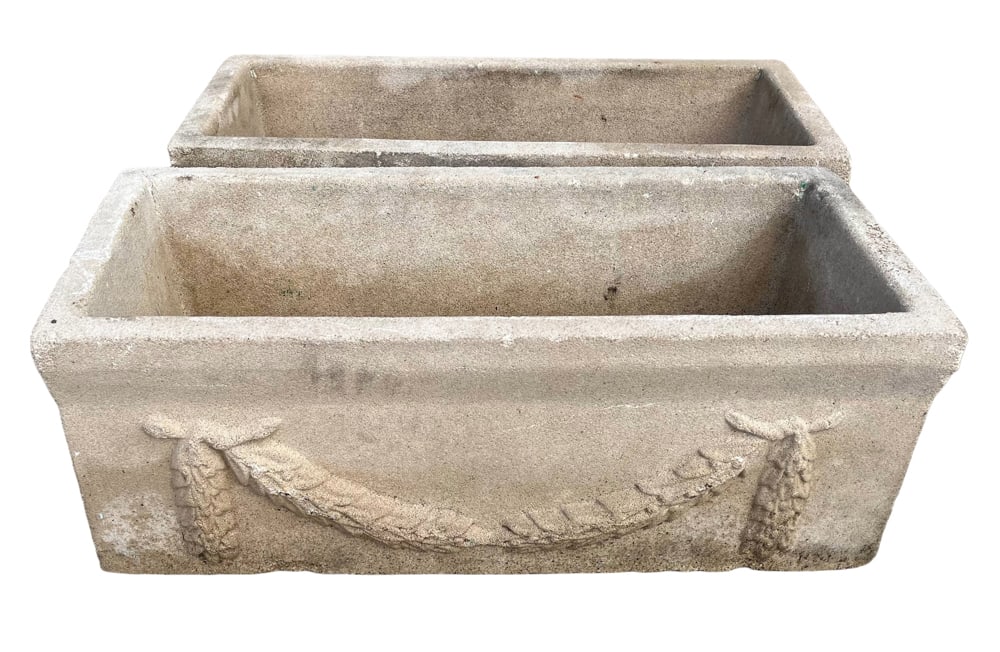 Pair of Cement Garden Planters with Wreath Design: Pair of cement garden planters with wreath design, 10" x 25" x 11". Provenance: Cambridge, Massachusetts collection.