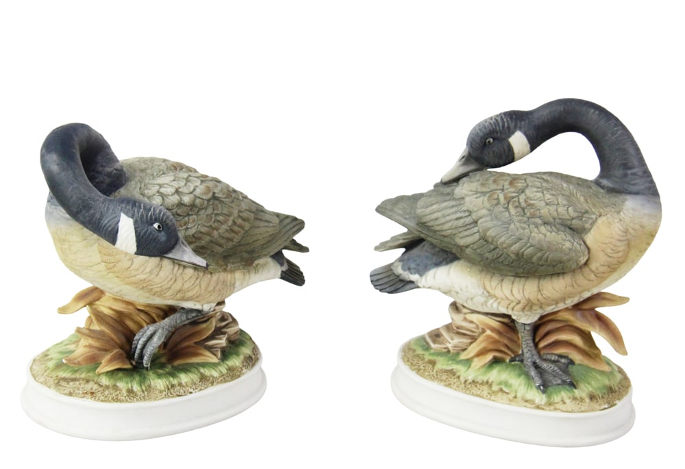 Pair of Bisque Canada Geese: Pair of bisque Canada geese, 9" H x 7" W x 5" D. Provenance: Palm Beach, Florida estate.