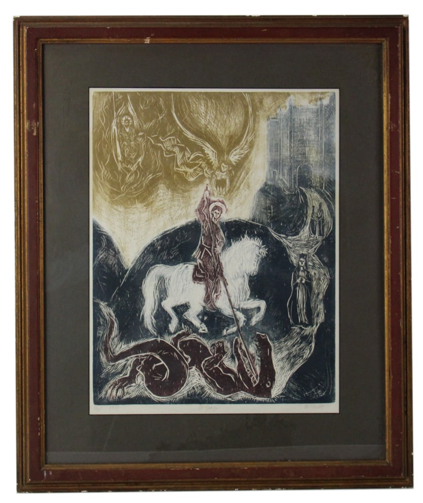 B. Elliott, St. George Slaying the Dragon, Print, 1973: B. Elliott, St. George slaying the dragon, print, 2/25, 1973, signed L/R, framed 29" x 24". Provenance: New York City, New York collection.