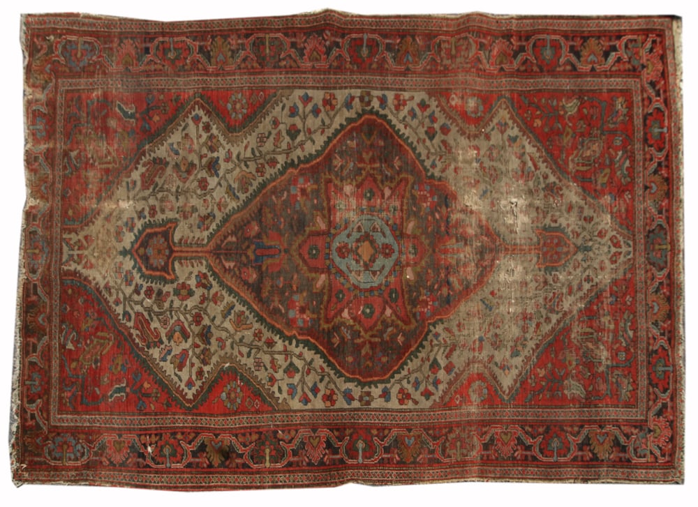 Antique Persian Farahan Rug: Antique Persian Farahan rug, 4' 2" x 6' 11". Worn. Provenance: North Bay Village, Florida collection.