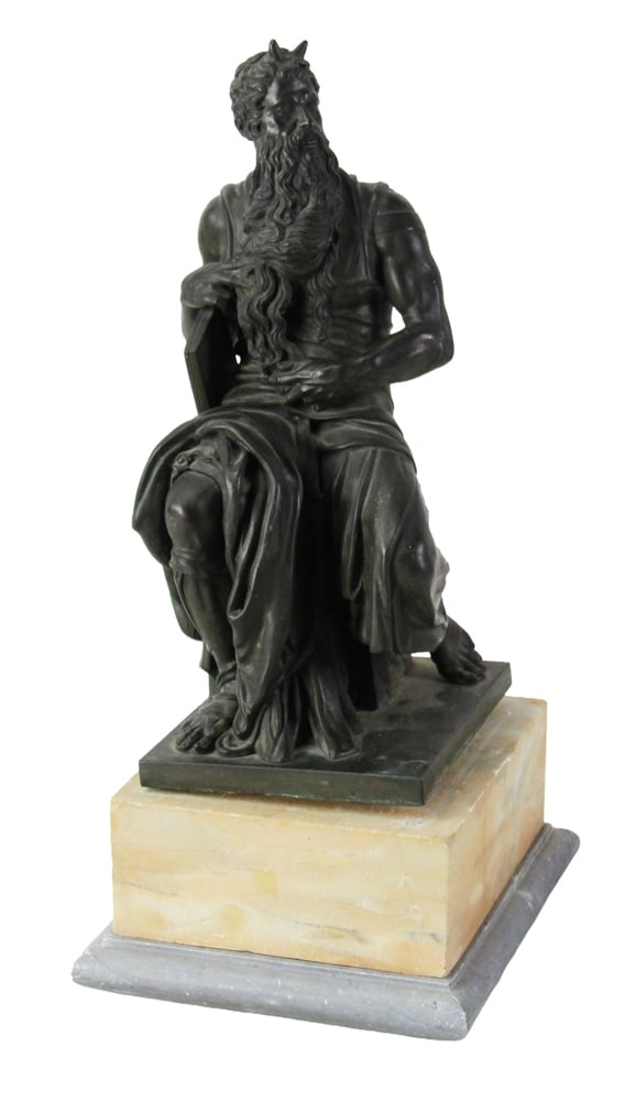 19thC Bronze Sculpture of Moses on Marble Base: 19th century bronze sculpture of Moses on marble base, 17" H x 8" W x 8" D. Provenance: Palm Beach, Florida estate.