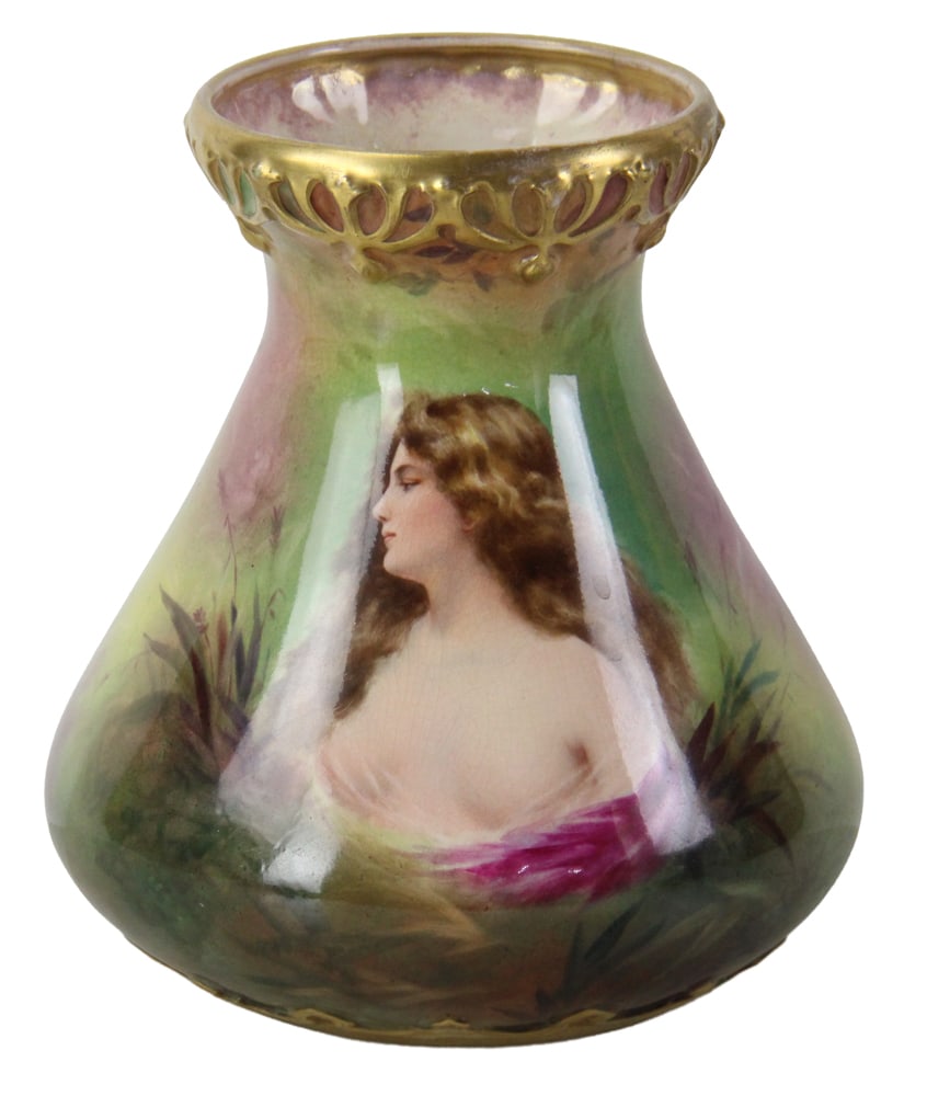 Late Victorian Royal Bonn Germany Vase: Late Victorian Royal Bonn, Germany hand-painted vase with lady, label verso. Provenance: Acton, Massachusetts collection.