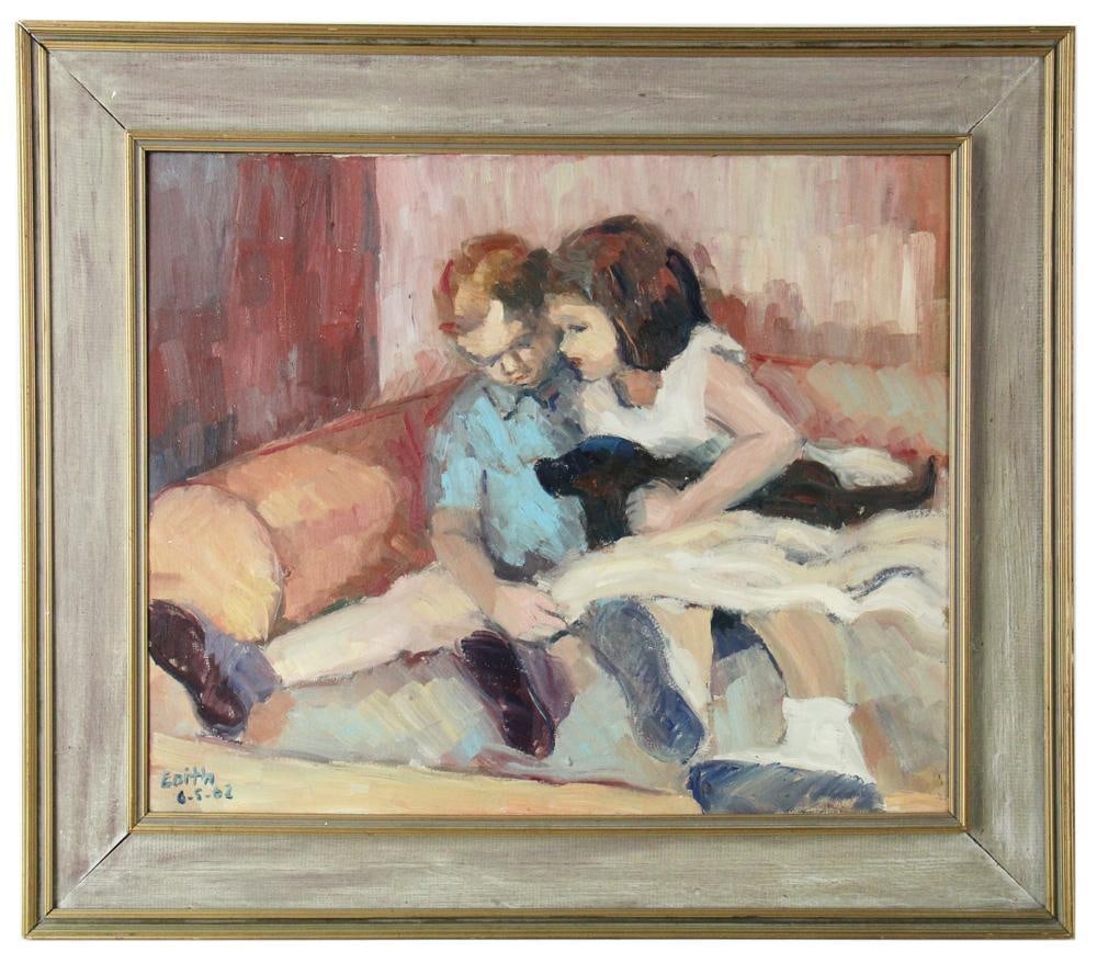 Edith Cohen-Gewerc, Children and Dog, Oil on Board (1 of 8)