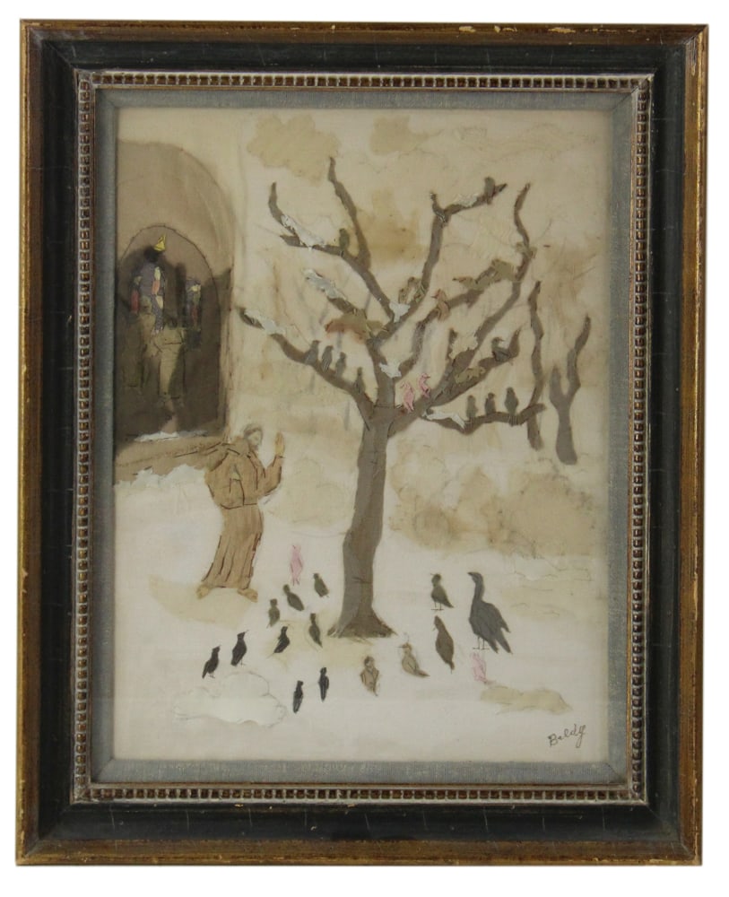 Baldy, Folk Art, St. Francis and the Birds: Baldy, Folk Art, St. Francis and the Birds, watercolor, signed L/R, 14" x 11" (image), framed 17" x 13". Provenance: Acton, Massachusetts collection.