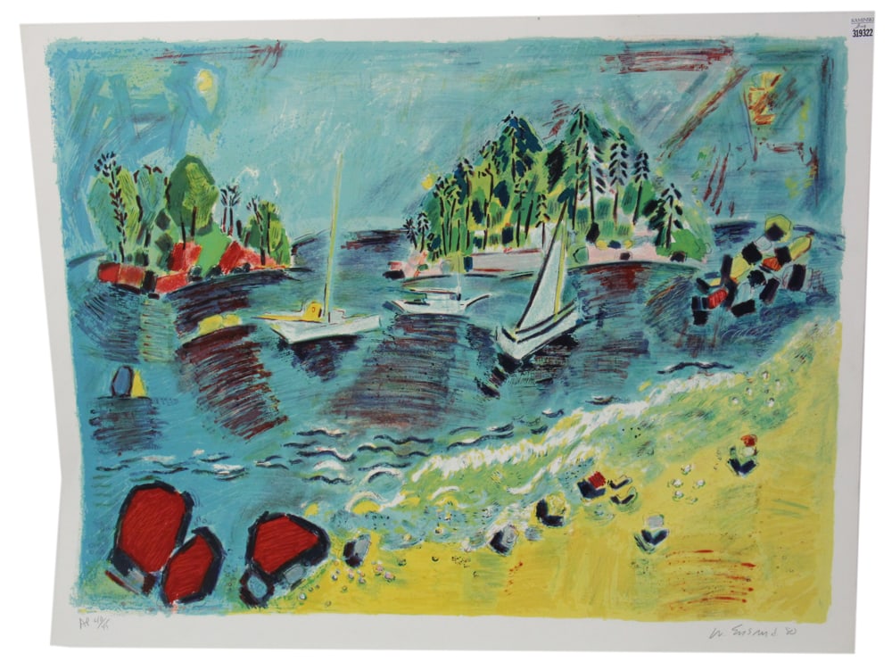 Wayne Ensrud, Waterfront Scene, Serigraph: Wayne Ensrud, waterfront scene, serigraph, signed in pencil and dated "80" below image L/R, artist's proof 40/45 L/L, 23" x 31". Provenance: North Bay Village, Florida collection.