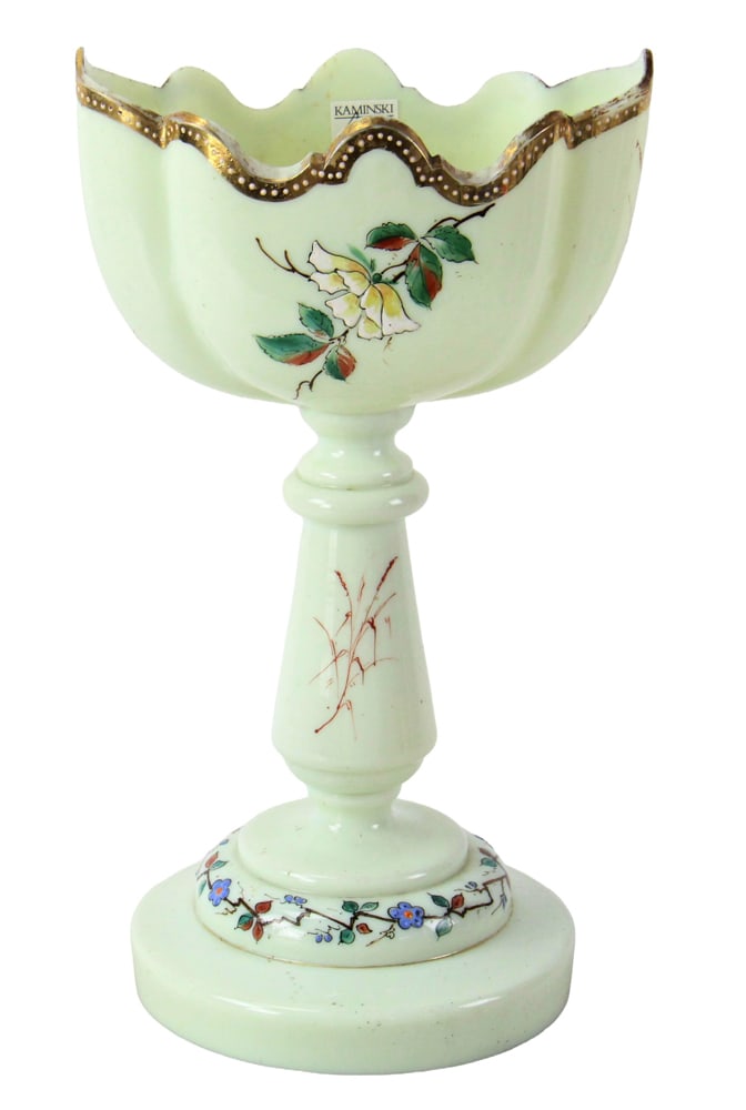 Antique Opaline Glass Pedestal Center Bowl: Antique opaline glass pedestal center bowl, 12" x 8". Provenance: Palm Beach, Florida estate.